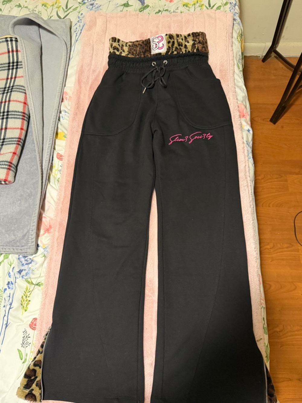 Black Sweats with Leopard Trim and Pink Script